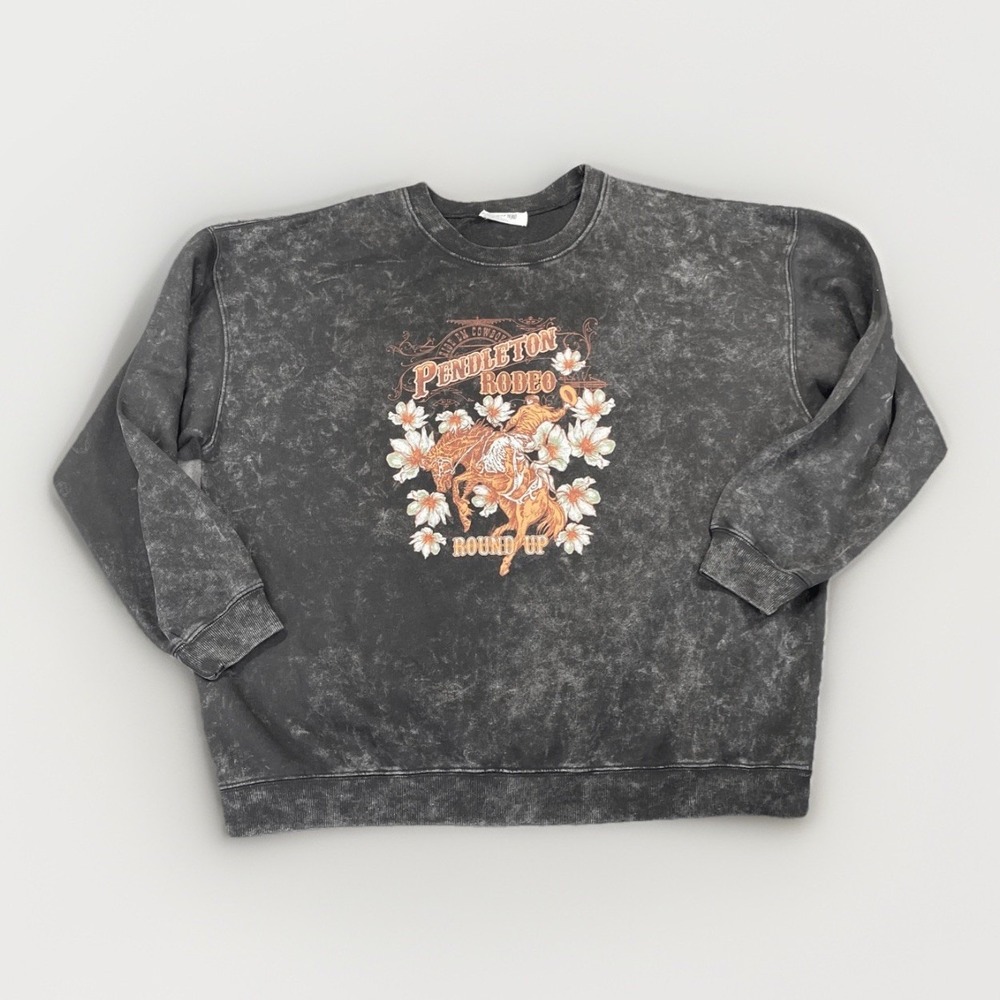 Rodeo Pullover Sweatshirt Womens S M Black Acid Wash Cowgirlcore Western Floral